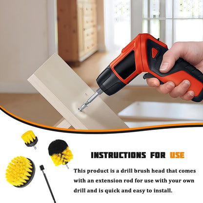 4PCS Drill Brush Attachment Kit with Extension Rod, Red | PP bristles with steel shafts, three brush sizes, quick-change extension rod, follows curved surfaces, compact storage