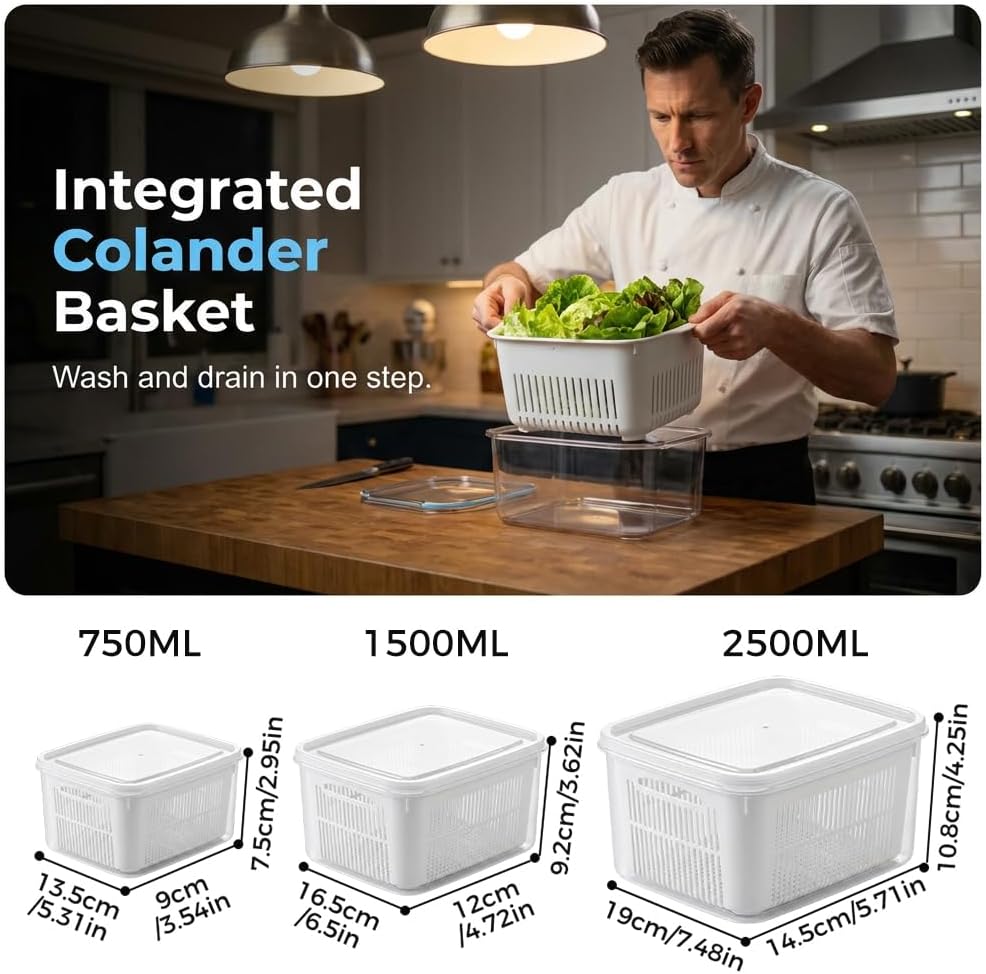 Fruit Containers for Fridge with Colanders (2, 750ml + 1500ml) | Food Storage Containers with Lids