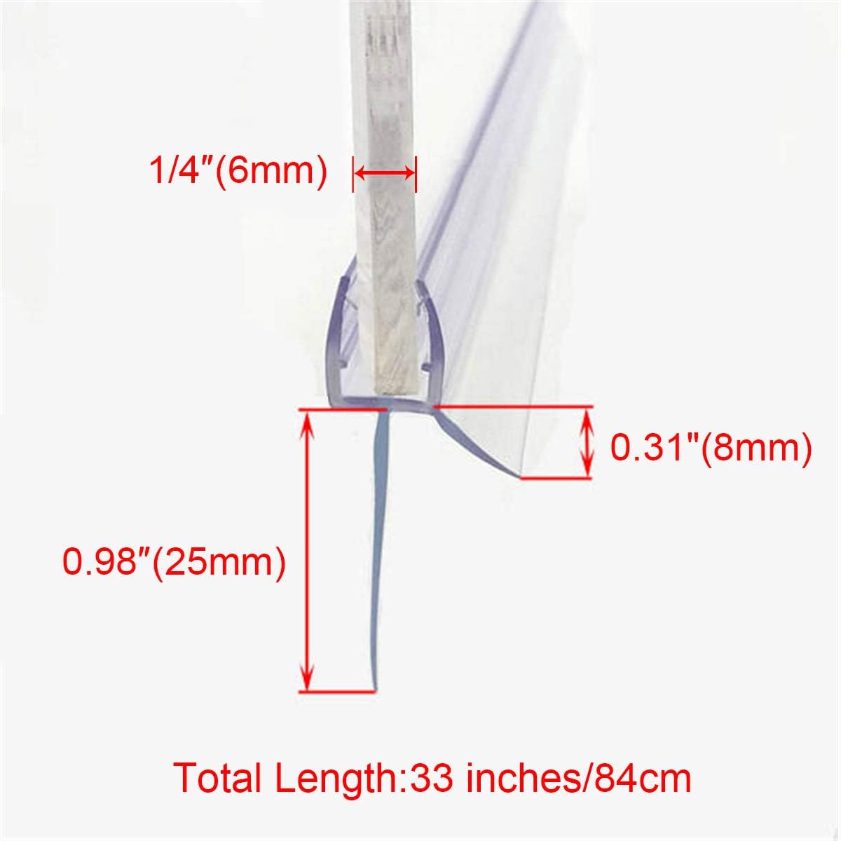 Frameless Shower Door Bottom Seal with Drip Rail 1/4" Thick Glass 33" Long Sweep - Glass Door Seal Strip Stop Shower Leaks