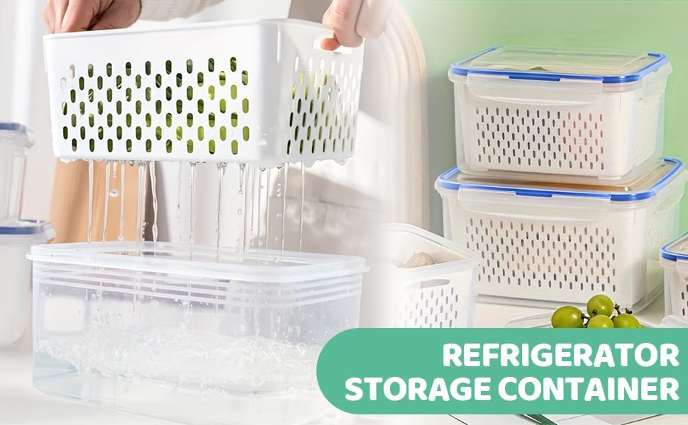 iayokocc 2 Pack Fruit Storage Containers for Fridge, Stackable Food Storage Containers with Removable Colander, Refrigerator Organizer with Drain Baskets Lids- Keeping Food Fresh Longer