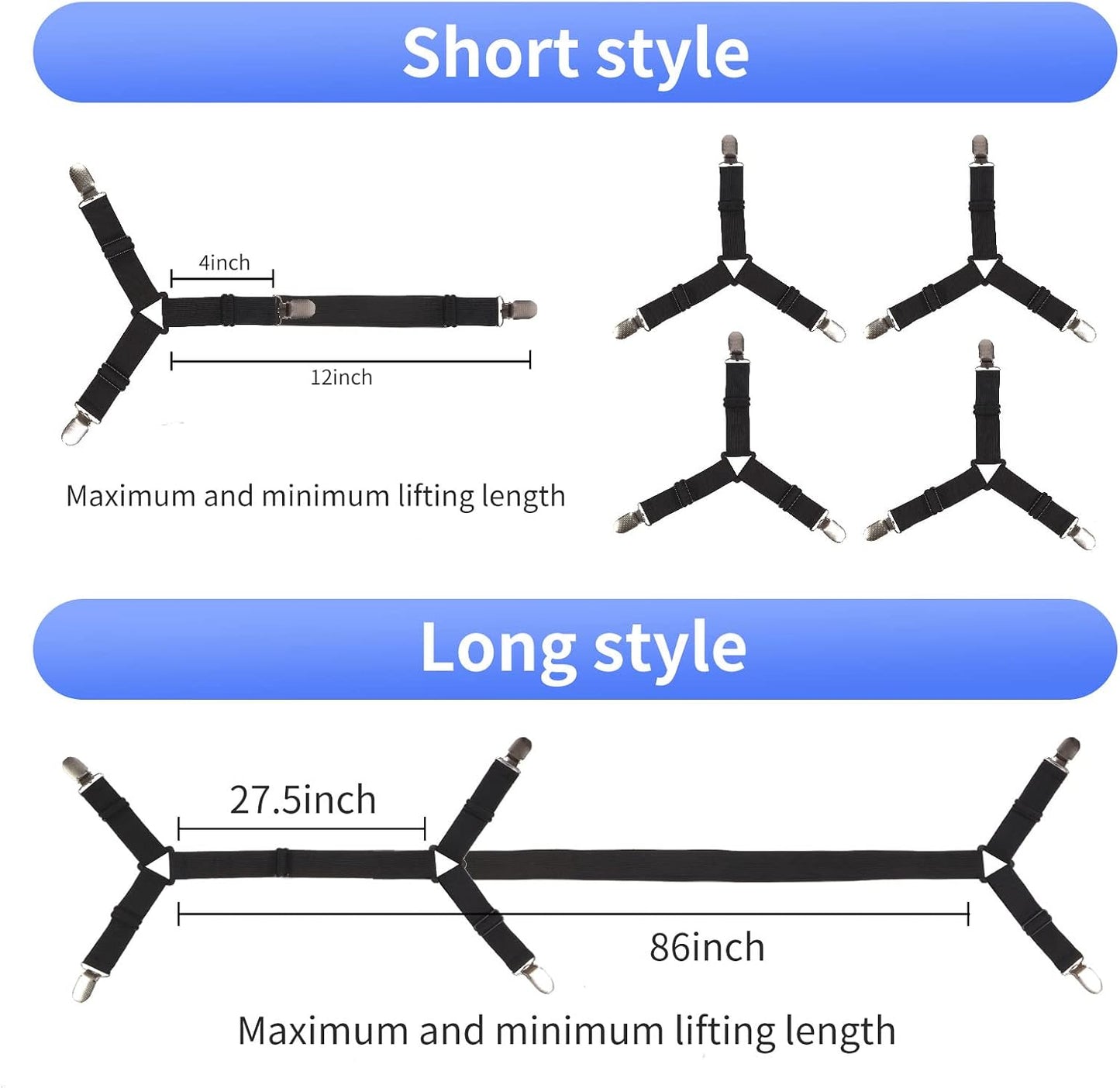 Luyena Bed Sheet Straps,4+1 Pcs Fitted Sheet Clips Holder,Upgraded Triangular Sheet Clip for Corner, Elastic Adjustable Sheet Strap for Mattress Cover, Sheet, Sofa Cushion 1(Black)