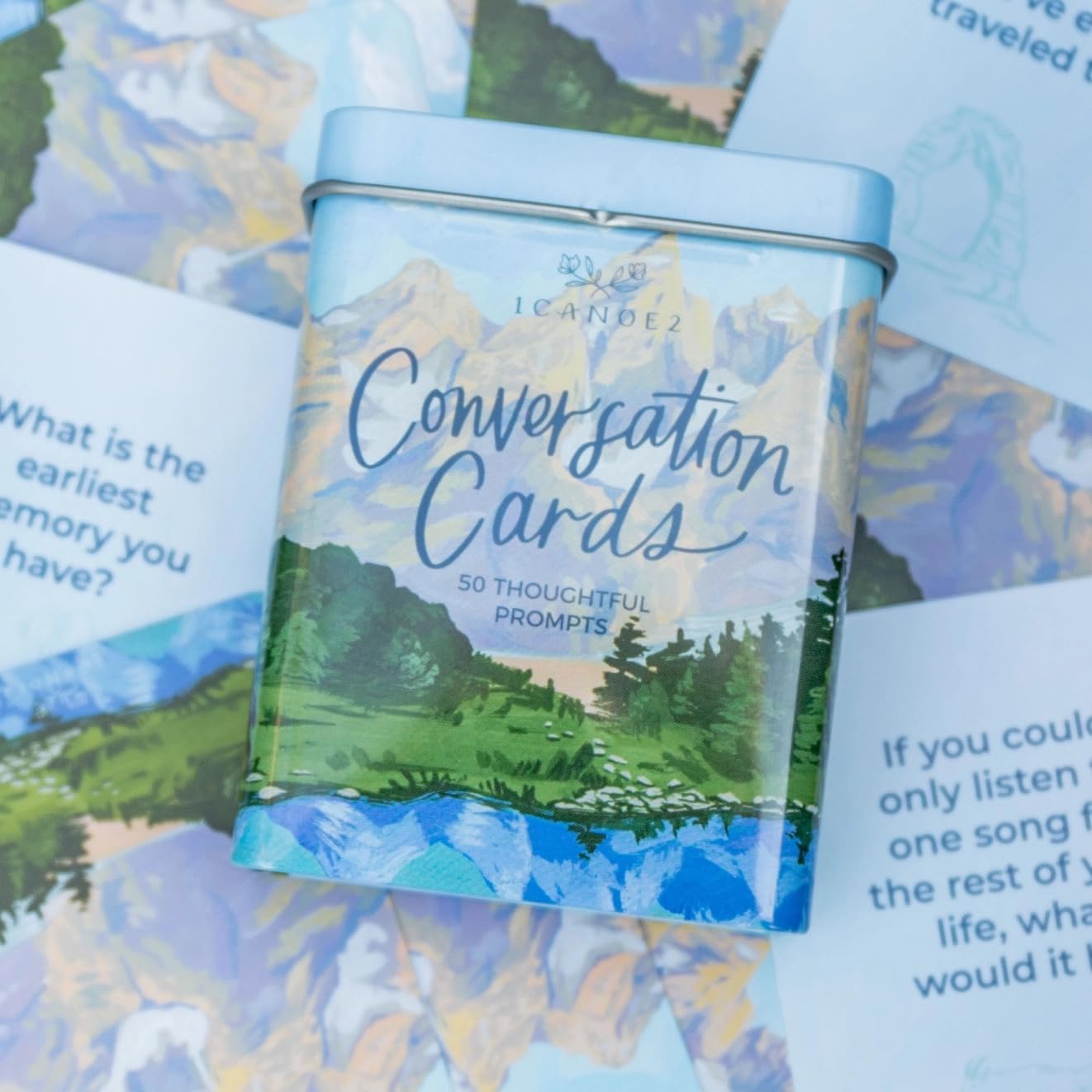 1Canoe2 Conversations Card Game, 50 Cards & Tin (Reading) | 50 Conversation Starter Cards, Decorative Storage Tin, Book Lovers Gift