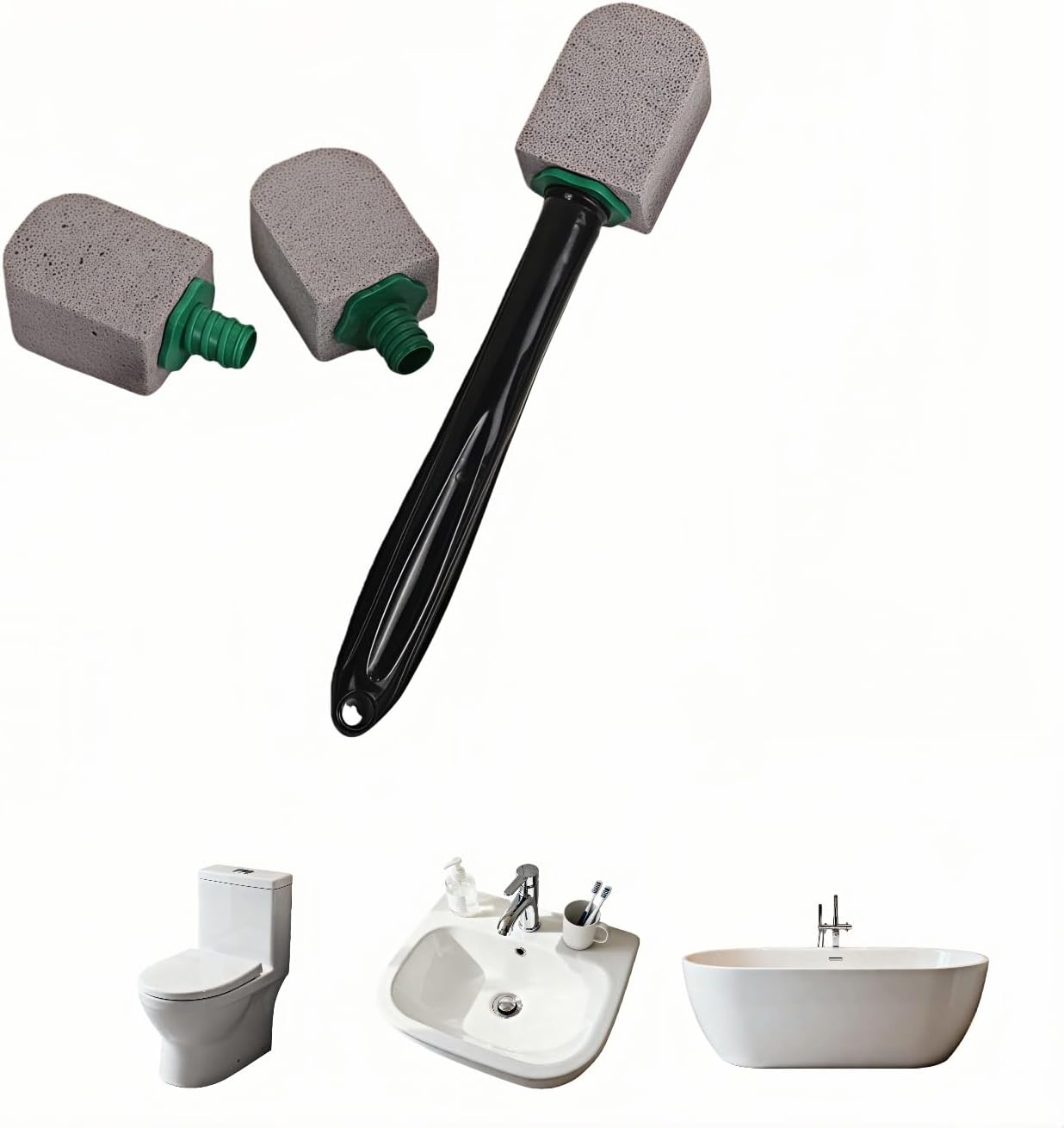 Pumice Toilet Bowl Cleaning Stone with Handle, Replaceable Heads, Natural Pumice Scrubber for Hard Water Stains, Multi-Surface Safe, 9.5 Inch, 3 Refills Included
