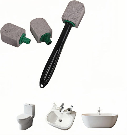 Pumice Toilet Bowl Cleaning Stone with Handle, Replaceable Heads, Natural Pumice Scrubber for Hard Water Stains, Multi-Surface Safe, 9.5 Inch, 3 Refills Included