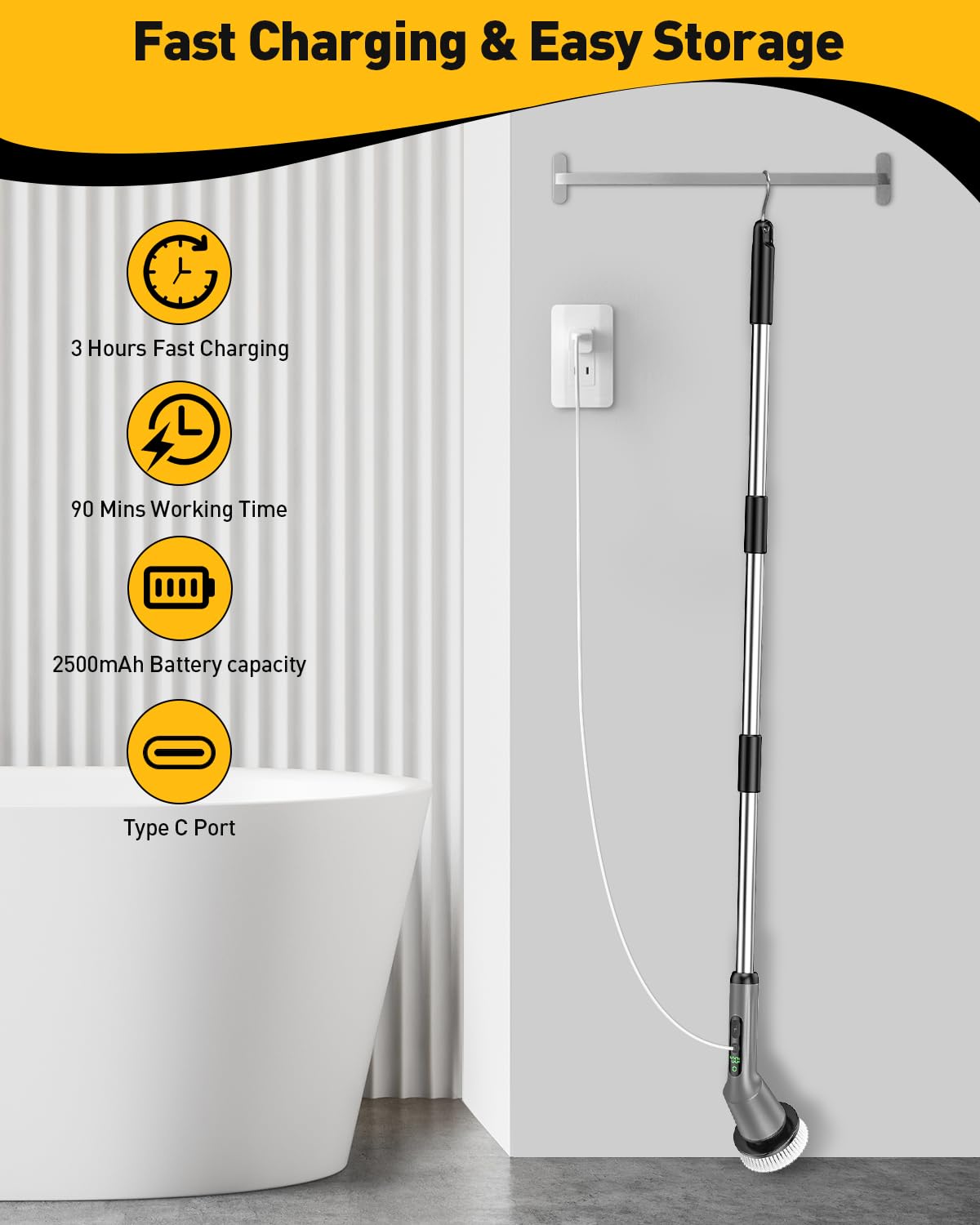 Electric Spin Scrubber for Bathroom, Shower Scrubber with Long Handle | Shower Cleaner Brushes, IPX7 Waterproof & 2 Speed, 3 Brush Heads, 90min Runtime, Bathroom Cleaning Supplies for Toilet Tub