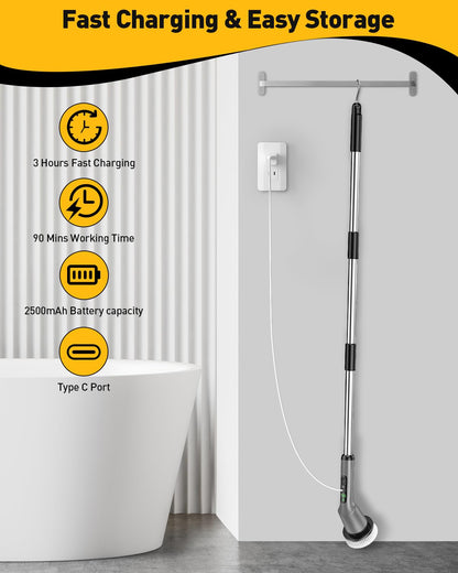 Electric Spin Scrubber for Bathroom, Shower Scrubber with Long Handle | Shower Cleaner Brushes, IPX7 Waterproof & 2 Speed, 3 Brush Heads, 90min Runtime, Bathroom Cleaning Supplies for Toilet Tub