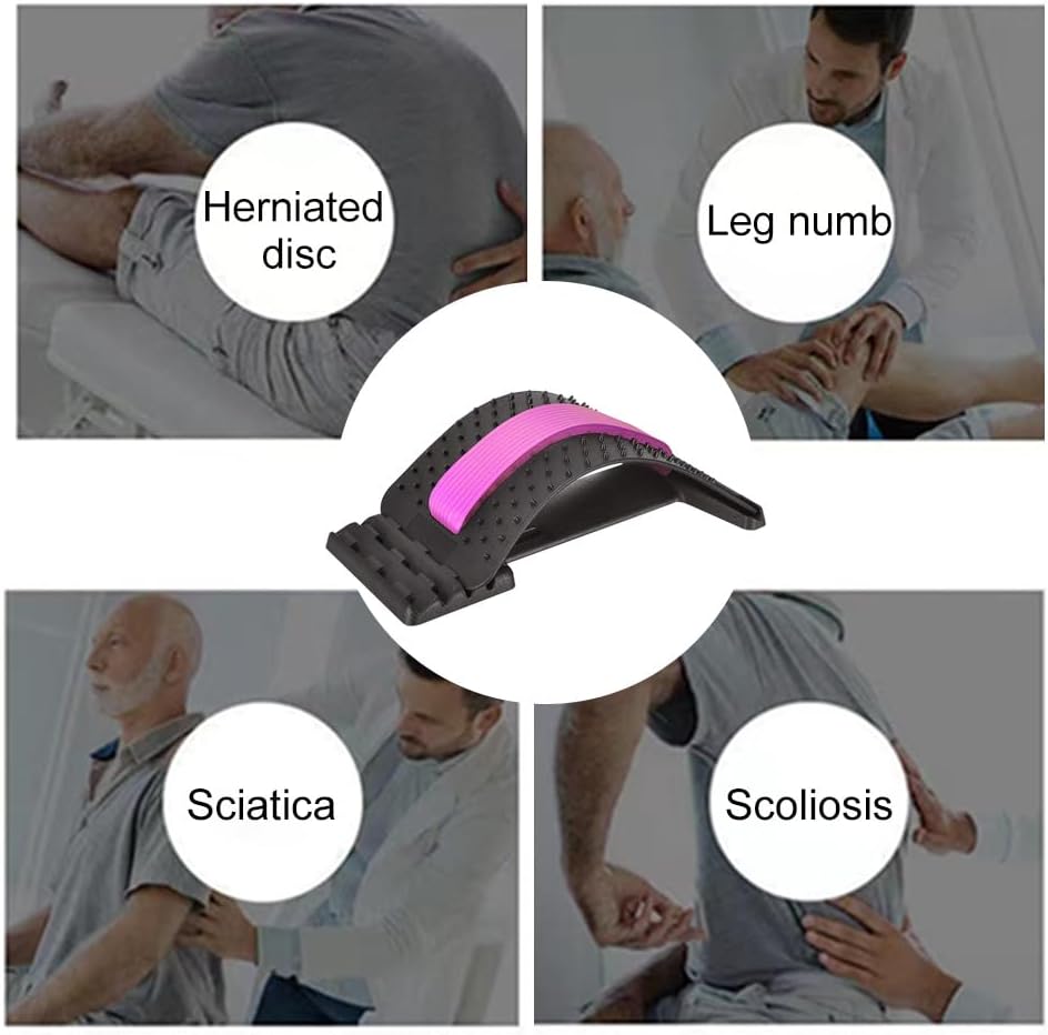 Back Stretcher for Lower Back Pain Relief, 4 Level Adjustable Lumbar Cracker Board Massager, Stretching Device for Scoliosis, Sciatica (Purple)