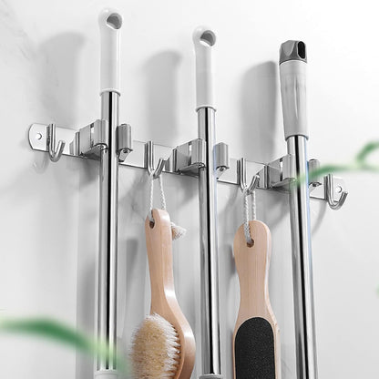Broom and Mop Holder Wall Mounted, Broom Hanger Storage Rack, Stainless Steel Mop Hanger, Dustpan Holders with 2 Racks and 3 Hooks, Heavy Duty utility hooks for hanging brooms and mops