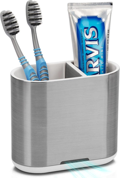 Bamboo Toothbrush Holder for Bathrooms Toothpaste Organizer, Small, White | 2 Slots, Easy to Clean, Plastic, Kids Electric Toothbrush, Drainage, Removable, For Bathroom, Vanity, Kitchen Sink, Office