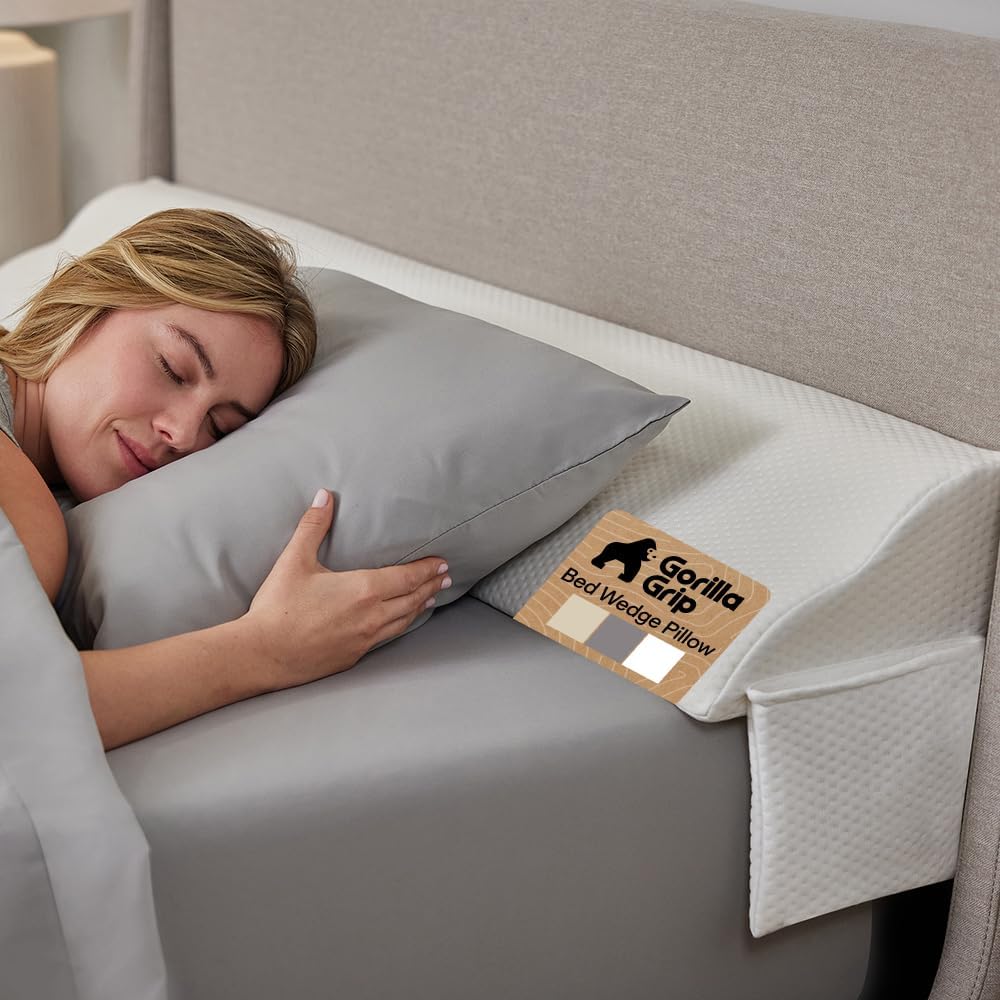 GORILLA GRIP Patented Bed Wedge Pillow for Headboard Gap, Filler Between Mattress Gaps, Comfortable Supportive High Density Cushioned Foam Pillows, Stay in Place Gripping Dots, King Soft Gray