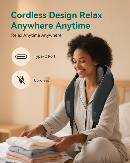 Snailax Cordless Neck & Shoulder Massager with Kneading, Heat, USB-C
