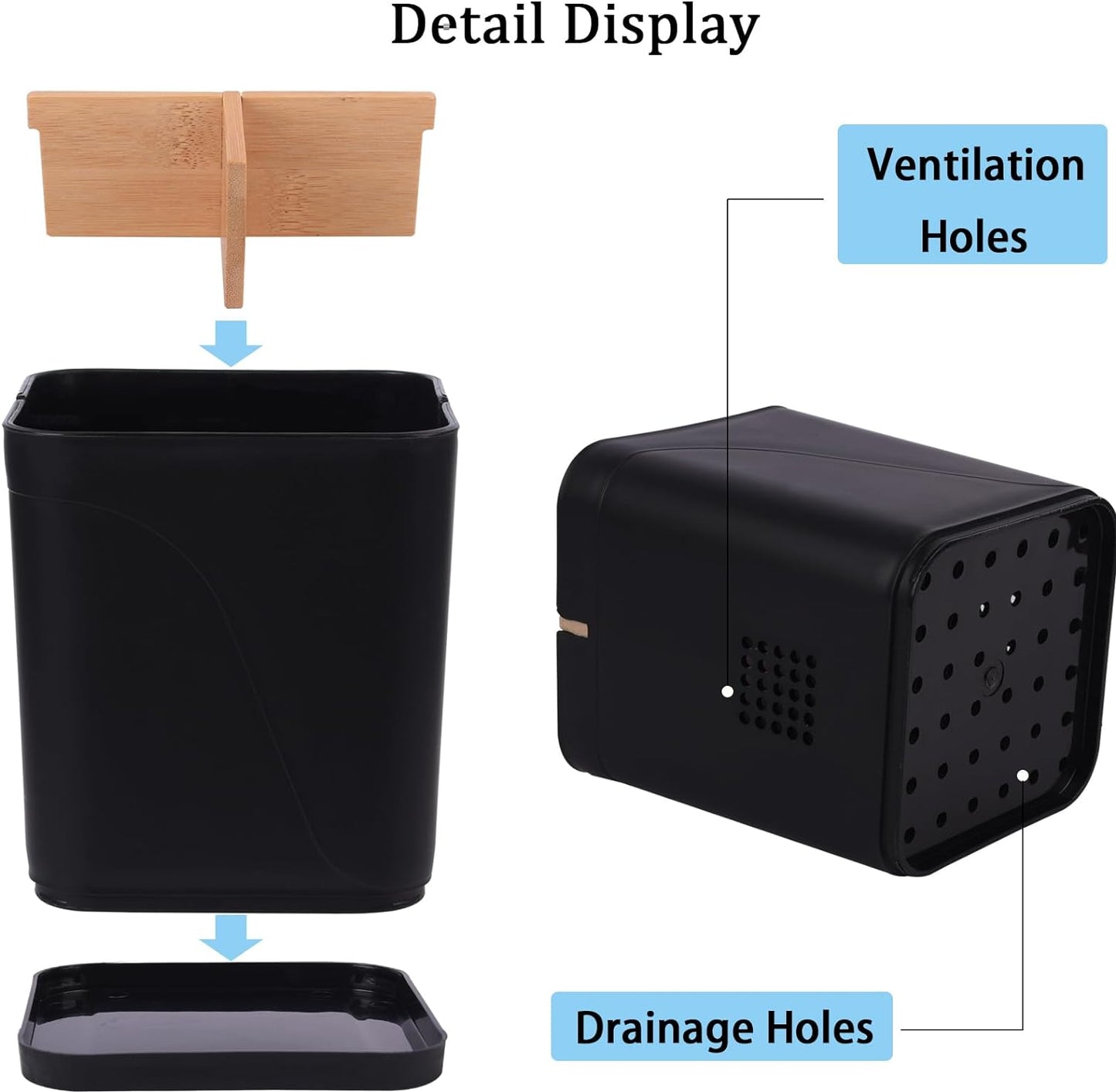 Electric Toothbrush Holder Tooth Brush and Toothpaste Organizer, Black | 3 Slots, Drainage Holes, Removable Bamboo Divider, Ventilation Design, Space-Saving, for Bathroom Countertop, Shower, Vanity