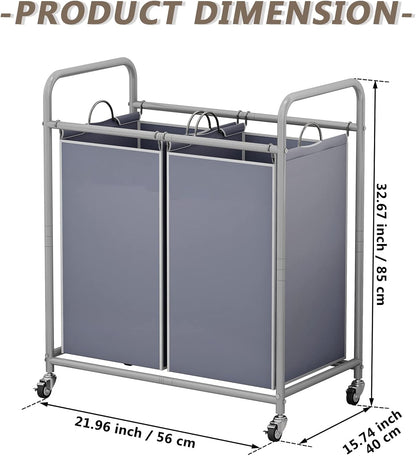 SUOERNUO Laundry Hamper with Lockable Wheels and 2 Removable Bags | Rolling Laundry Basket Laundry Sorter 2 section for Dirty Clothes in Laundry Room or Small Spaces, Grey+Beige