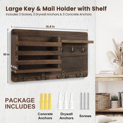 Nekon Mail Holder for Wall, 16.8 Inch Mail Organizer, Black | 16.8Inch x 10Inch x 3.2Inch, Hallway Farmhouse Decor, Storage Racks with Floating Shelf and Flush Mount Hardware