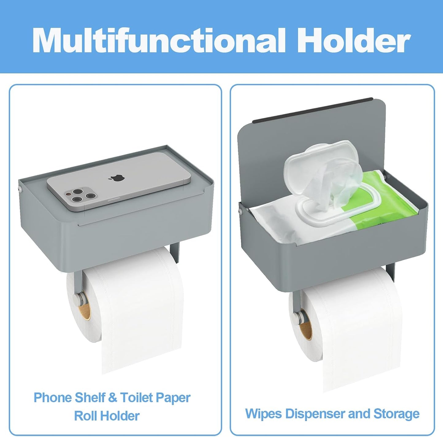 JUYSON Toilet Paper Holder with Shelf, Flushable Wipes Dispenser Fits for Bathroom Wipe Storage, Keep Your Wipes Hidden Out of Sight - SUS304 Stainless Steel Wall Mount Organizer (Matte Black)