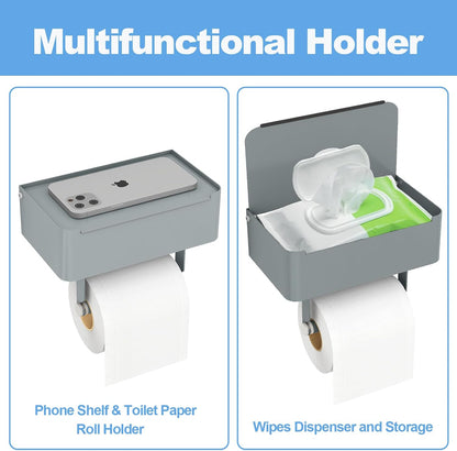 JUYSON Toilet Paper Holder with Shelf, Flushable Wipes Dispenser Fits for Bathroom Wipe Storage, Keep Your Wipes Hidden Out of Sight - SUS304 Stainless Steel Wall Mount Organizer (Matte Black)