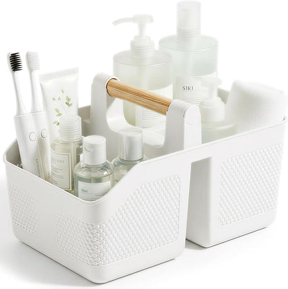 Plastic Shower Caddy Portable Shower Basket with Bamboo Handle, White | Cleaning Caddy Organizer Storage Tote for Bathroom, College Dorm Essentials, Bath Toy Storage