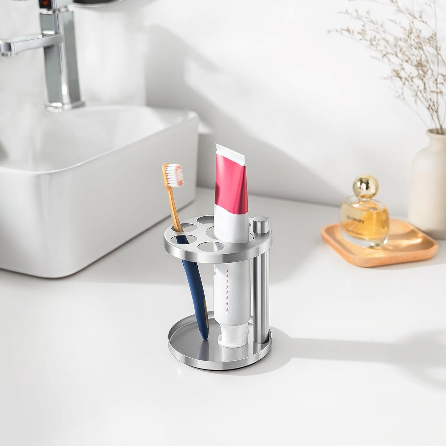 Metal Toothbrush Holder Stand for Bathroom: Stainless Steel Ventilated Organizer with Slots for Electric Toothbrushes, Toothpaste, Razors & Small Comb, Unique Footprint Base Design, Black