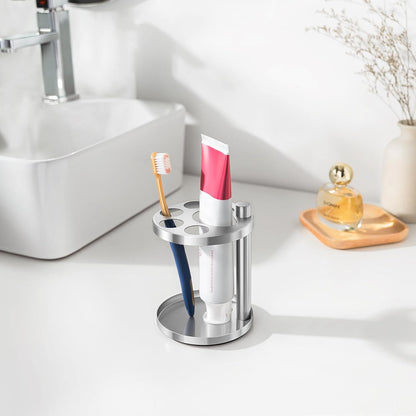 Metal Toothbrush Holder Stand for Bathroom: Stainless Steel Ventilated Organizer with Slots for Electric Toothbrushes, Toothpaste, Razors & Small Comb, Unique Footprint Base Design, Black