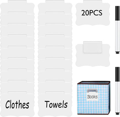 20 Basket Labels Clip On, Reusable Labels for Storage Bins, Removable Chalk Labels for Containers, Kitchen Closet Baskets and Storage Basket Holders with 2 White Chalk Markers