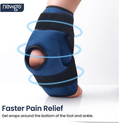 NEWGO Gel Ice Pack Wrap for Ankle & Foot - Reusable Hot and Cold Therapy Wrap for Pain Relief, Swelling, Plantar Fasciitis, Achilles Tendonitis & Sprains - Adjustable Compression Brace (1 Pair)