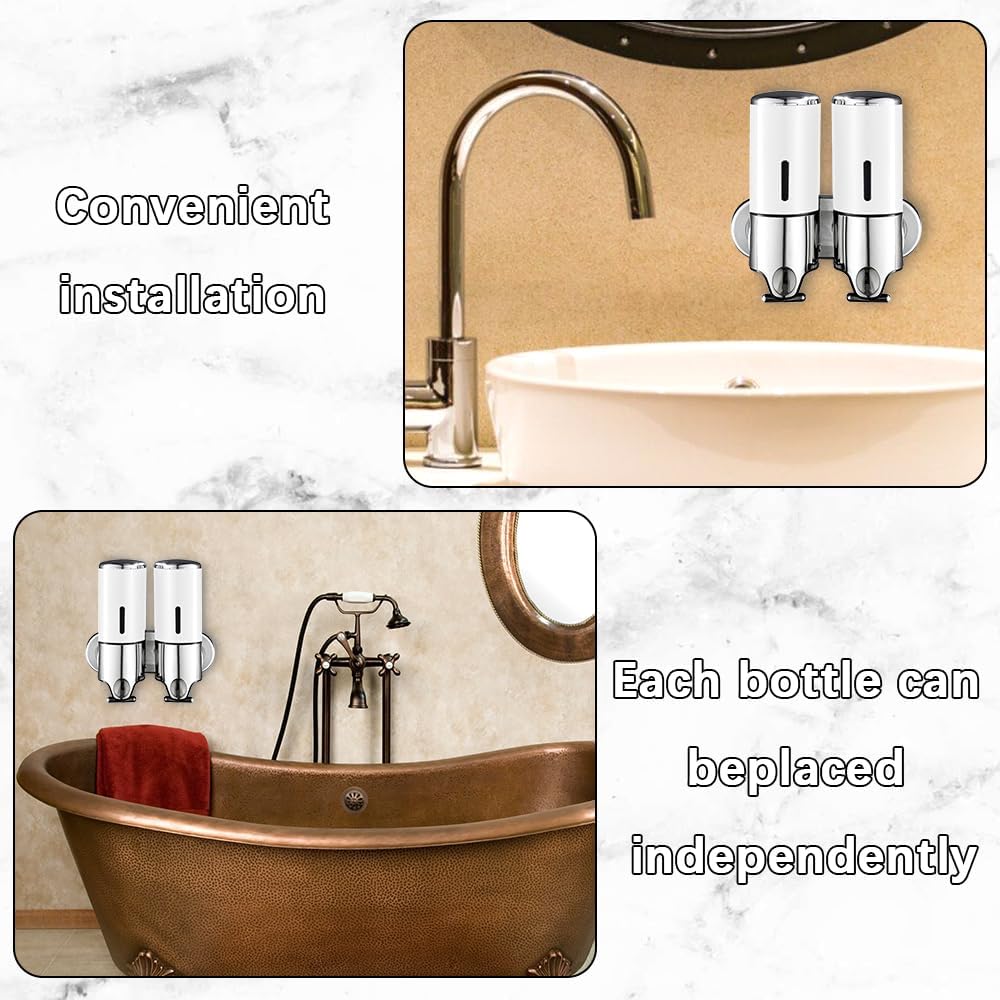 3 in 1 Chamber Wall Mounted Shampoo and Conditioner Dispenser (Silver) | No Drill Shower Soap Dispenser for Bathroom & Hotel Leak-Proof Pumps, Easy Installation and Large Capacity