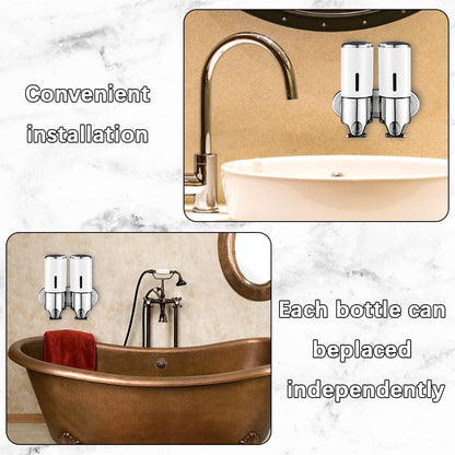 3 in 1 Chamber Wall Mounted Shampoo and Conditioner Dispenser (Silver) | No Drill Shower Soap Dispenser for Bathroom & Hotel Leak-Proof Pumps, Easy Installation and Large Capacity