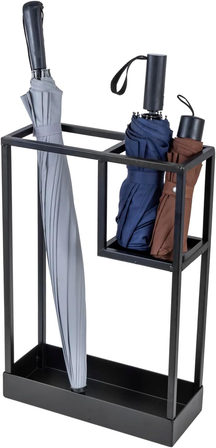 MyGift 20 Inch Brass Tone Metal Umbrella Stand with Drip Tray | Freestanding Rain Gear Storage - Long Short Umbrellas Canes Walking Sticks Entryway Lobby Office Floor Standing Drip Catcher