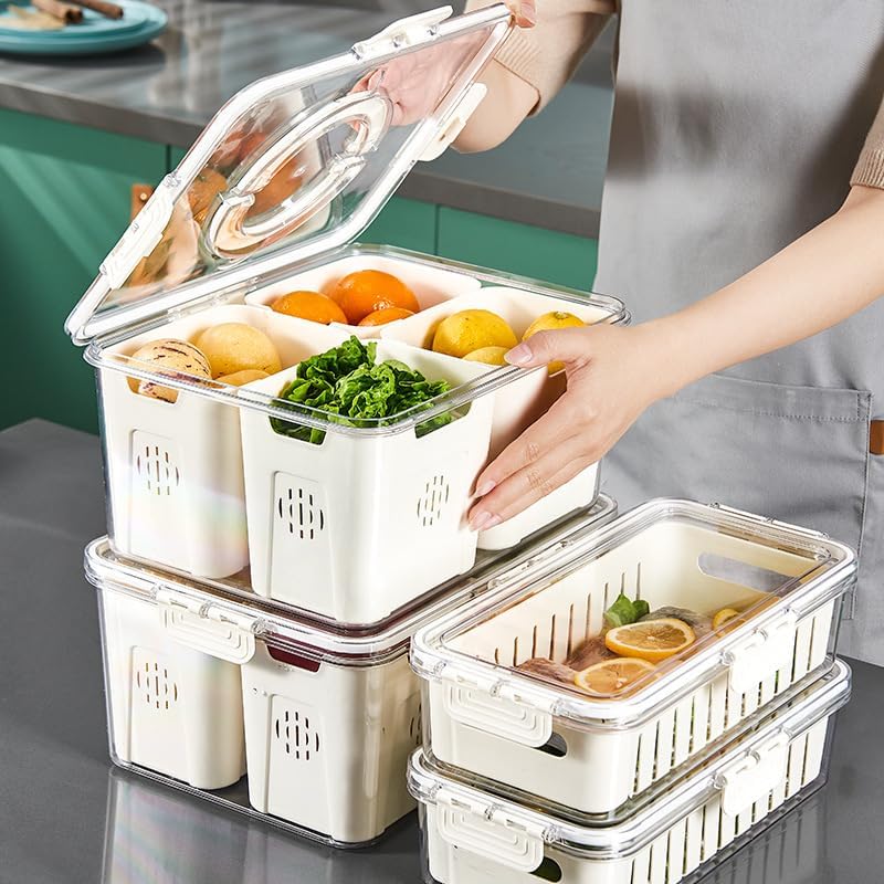 Fruit Storage Containers for Fridge with Lid and Handle, Veggie Tray Bins | Portable Fresh Produce Saver, Food Storage Container with 4 Removable Strainers,Salad Bar for Berry, Vegetable, Refrigerator