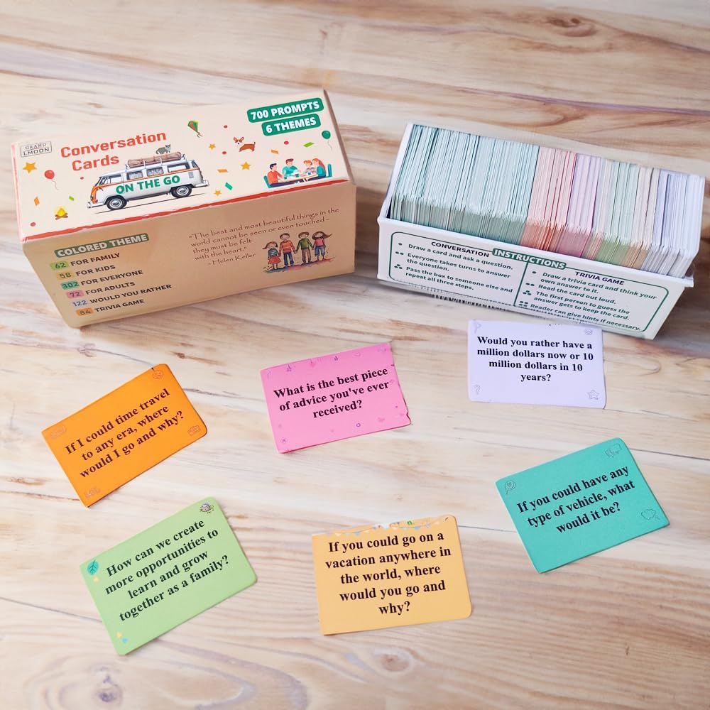 GRANDLMOON 700 Prompts 6 Themes Conversation Cards and Trivia Game Fun for Adults and Kids - Perfect for Family Dinners, Road Trips, and More! (5” X 2” X 2”)