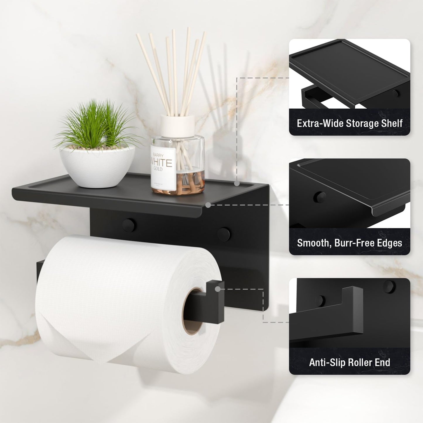 HITSLAM Toilet Paper Holder Matte Black, Adhesive Wall Mount, No Rotation | Heavy Duty Metal | anti rotation slot | vertical or horizontal setup |rustproof matte black finish|Bathroom Tissue Dispenser