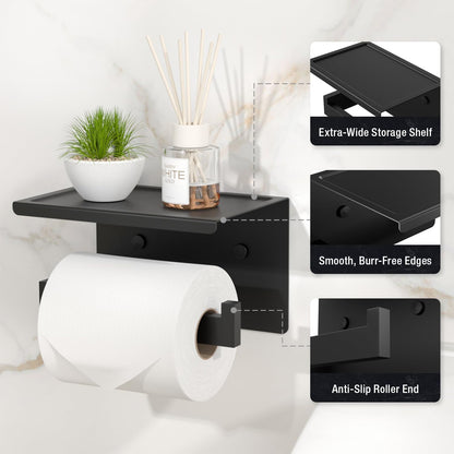 HITSLAM Toilet Paper Holder Matte Black, Adhesive Wall Mount, No Rotation | Heavy Duty Metal | anti rotation slot | vertical or horizontal setup |rustproof matte black finish|Bathroom Tissue Dispenser
