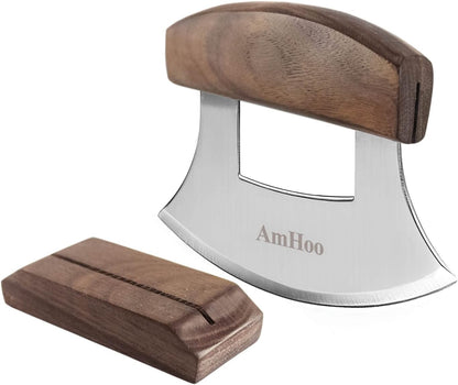 Pizza Cutter Chef Mezzaluna Ulu Knife Handle Color Wood Grip Sharp Rocker Slicer Stainless Steel Blade Salad Onion Vegetable Chopper with Holder Base Christmas Gifts