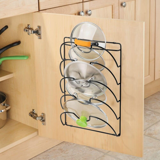 mDesign Metal Wire Pot and Pan Lid Rack Organizer for Kitchen Cabinet Doors or Wall Mount - Upright Storage Holder with 5 Slots - Black