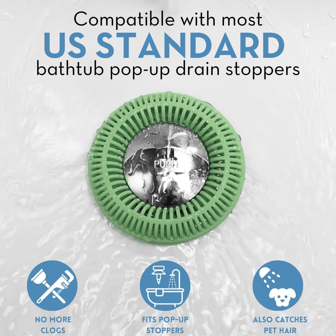TubRing Pop-Up Drain Protector & Strainer Silicone Hair Catcher, Aqua | Easy snap-in design fits around bathtub stoppers. Customizable utility guard for clog prevention. Fits 1.85"- 2.16" drains.