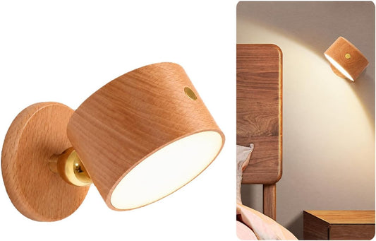 Wooden Wall Sconce 360° Rotatable Magnetic Stick on Bedside- Beech