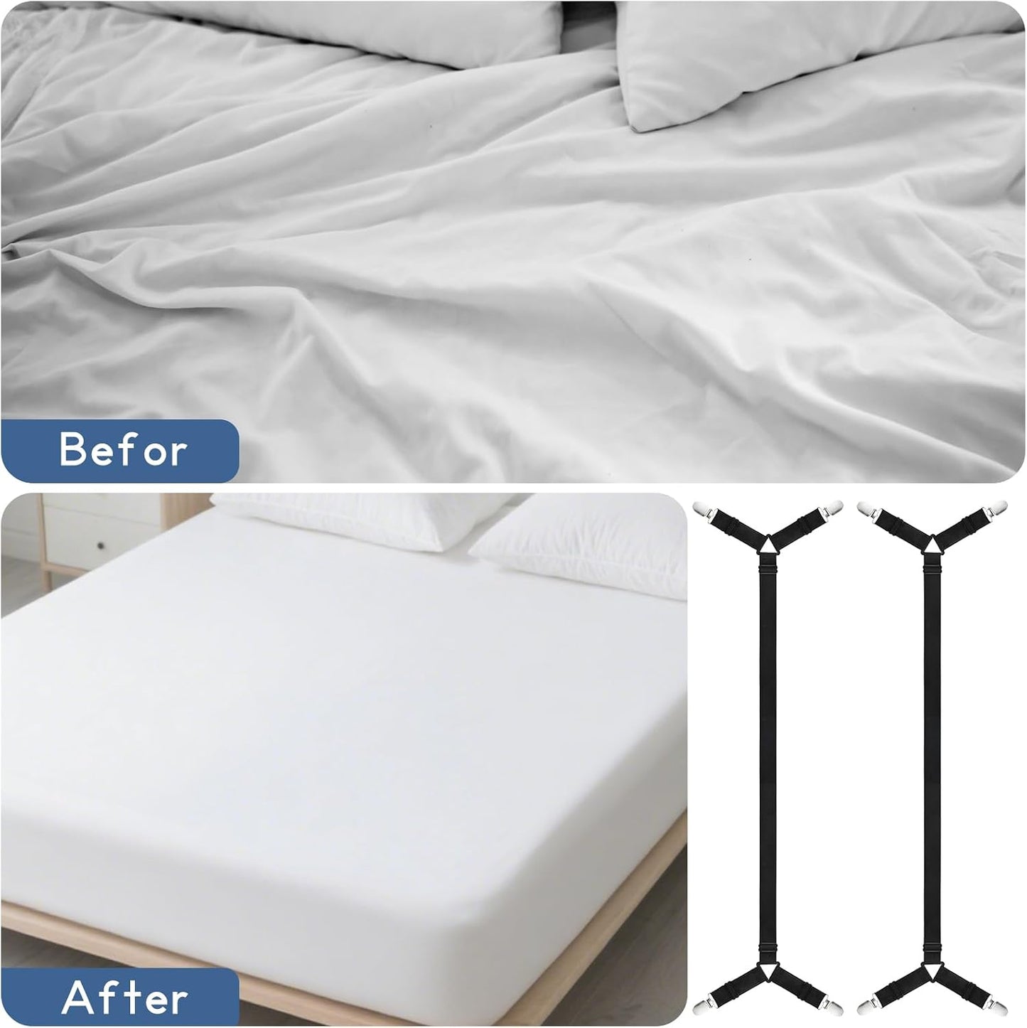 CHRORINE Bed Sheet Holder Straps Adjustable Sheet Fasteners Clips Keep Bedding Stays in Place, 4 Pcs/Set, Black