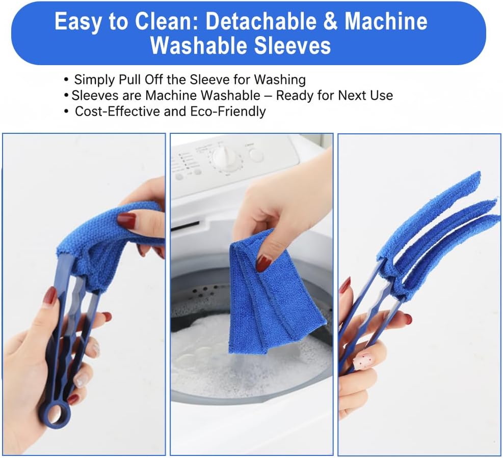 Window Blind Cleaner Duster Brush, 2 Pack Air Vent Cleaner Brush with 5 Reusable Microfiber Sleeves, Multi-Purpose Cleaning Tool for Venetian Blinds, Air Conditioner Vents, Household Cleaning Tool