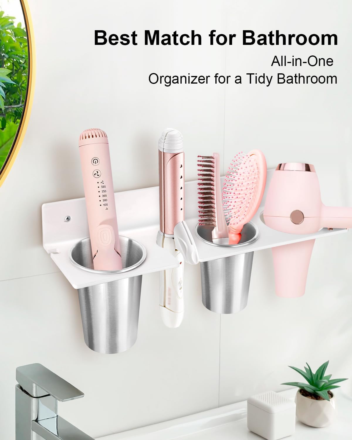 Hair Tool Organizer, Hair Dryer Holder with Heatproof Steel Cups, Acrylic Vanity Organizer for Curling Iron, Flat Iron & Hair Brushes, Perfect for Bathroom (White, Standard)