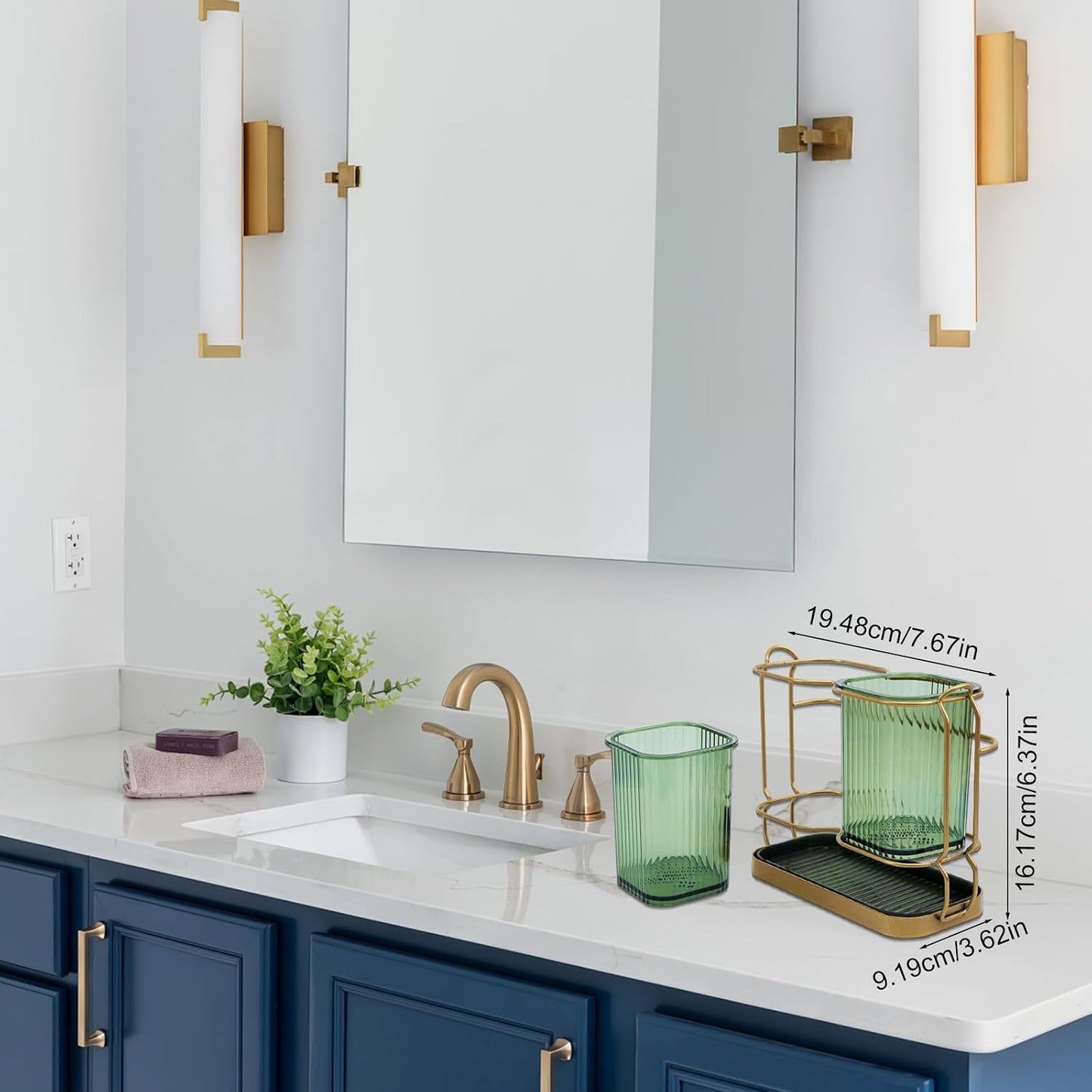 Green Toothbrush Holders for Bathrooms, Toothbrush Holders with Drain Tray | 2 Cups Tooth Brushing Holder, Bathroom Organizers and Storage Caddy Countertop for Toothpaste, Razors, Toothbrush