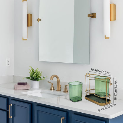 Green Toothbrush Holders for Bathrooms, Toothbrush Holders with Drain Tray | 2 Cups Tooth Brushing Holder, Bathroom Organizers and Storage Caddy Countertop for Toothpaste, Razors, Toothbrush