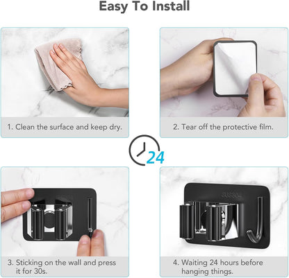 homeasy Broom Holder Wall Mount 4Pcs, Self Adhesive Mop Broom Hanger Black | Self adhesive stainless steel broom organizer with 4 hooks, holds mops, brooms and garden tools without drilling