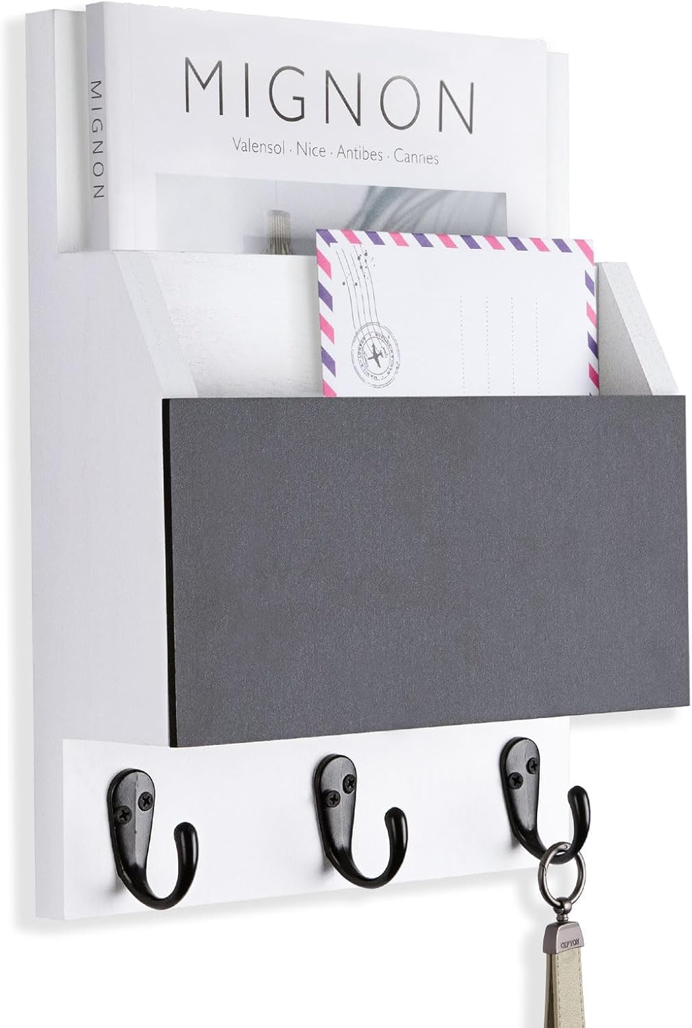 Key and Mail Holder for Wall Mount, Mail Holder with Chalkboard | Mail Organizer with 2 Slot, Key Holder with 3 Sturdy Hooks for Coat, Dog Leash, Decorative Key Rack (8.86”W x 11.42”H x 3”D)