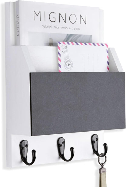 Key and Mail Holder for Wall Mount, Mail Holder with Chalkboard | Mail Organizer with 2 Slot, Key Holder with 3 Sturdy Hooks for Coat, Dog Leash, Decorative Key Rack (8.86”W x 11.42”H x 3”D)