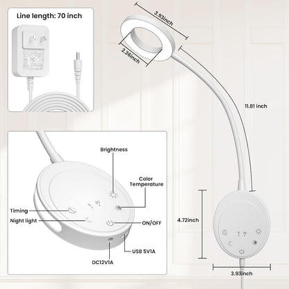 Wall Mounted Reading Light, Bedside Headboard Lights with 5 Color Temperature & 5 Dimming, 360 Flexible Gooseneck, USB Output, Night Light & Timer Function - Perfect for Reading (Black)