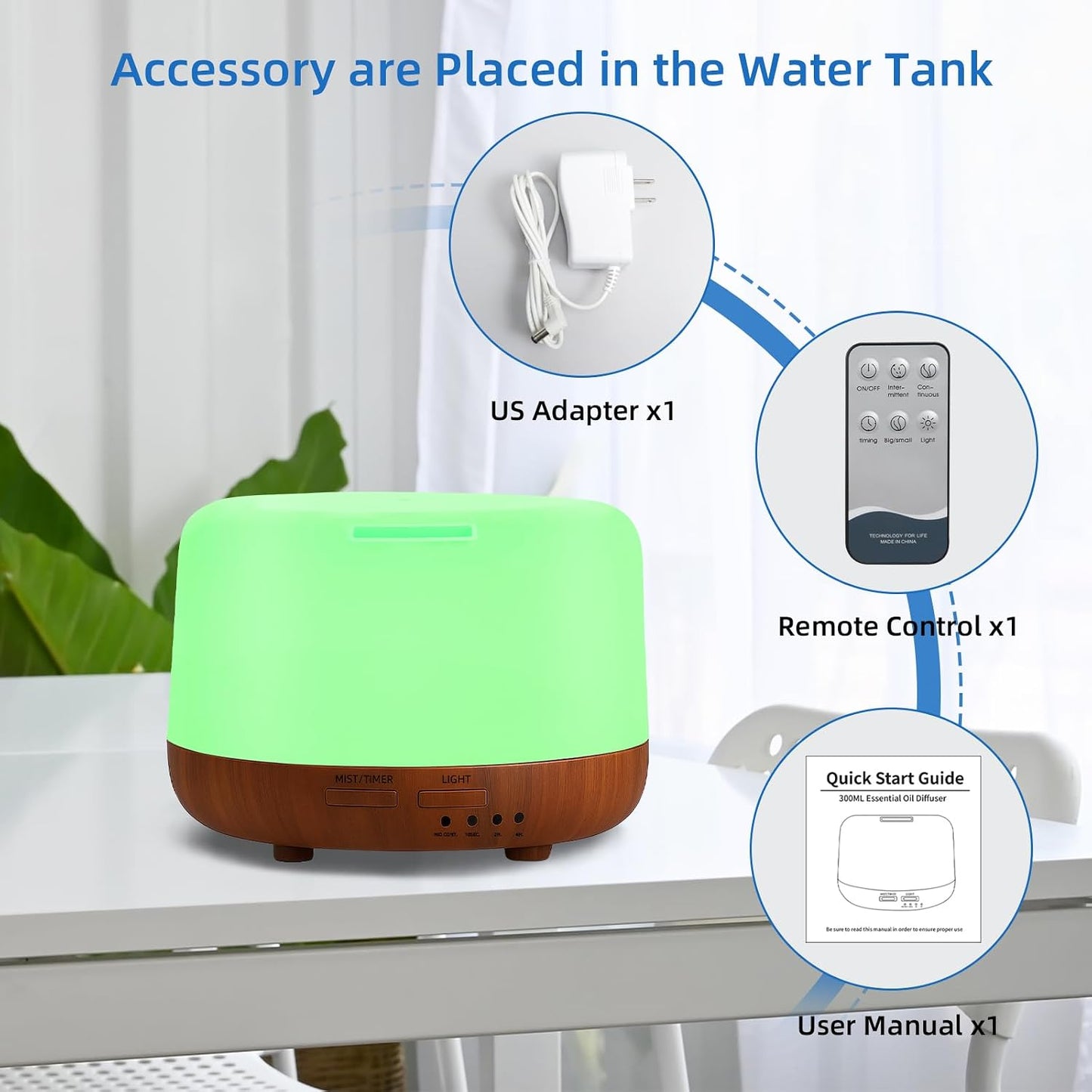 SPLITSKY 300ml Ultrasonic Essential Oil Diffuser with Remote Control | 7-color LED lighting, 2 mist modes, 2H and 4H timers, and waterless auto shut-off for bedrooms, desks and offices.