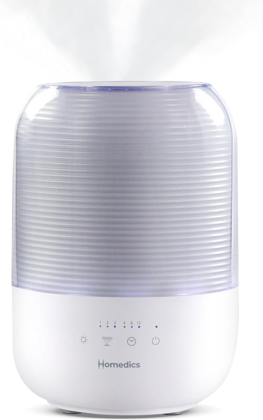 Homedics Ultrasonic Cool Mist Humidifier, Top-Fill 3L Water Tank | Covers 395 sq. ft. , 35-Hour Runtime, 3 Mist Settings, Clean Tank Tech, Auto-Off, Night Light, Quiet