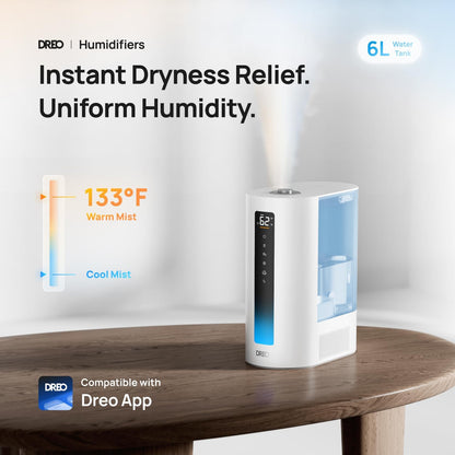 DREO 6L Smart Humidifiers for Bedroom, Warm & Cool Mist for Large Room | 60-Hour Quiet Runtime, 500ML/H Output, Smart Humidity Sensor, Indicator Light, App Control, Works with Alexa & Google, Silver