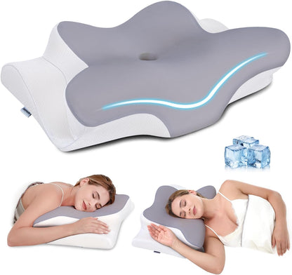 Cervical Neck Pillow, Memory Foam Pillows for Neck and Shoulder Pain Relief, 2 Heights Ergonomic Pillow with Breathable Ice Silk Cover, Neck Support Pillow for Side Sleepers White