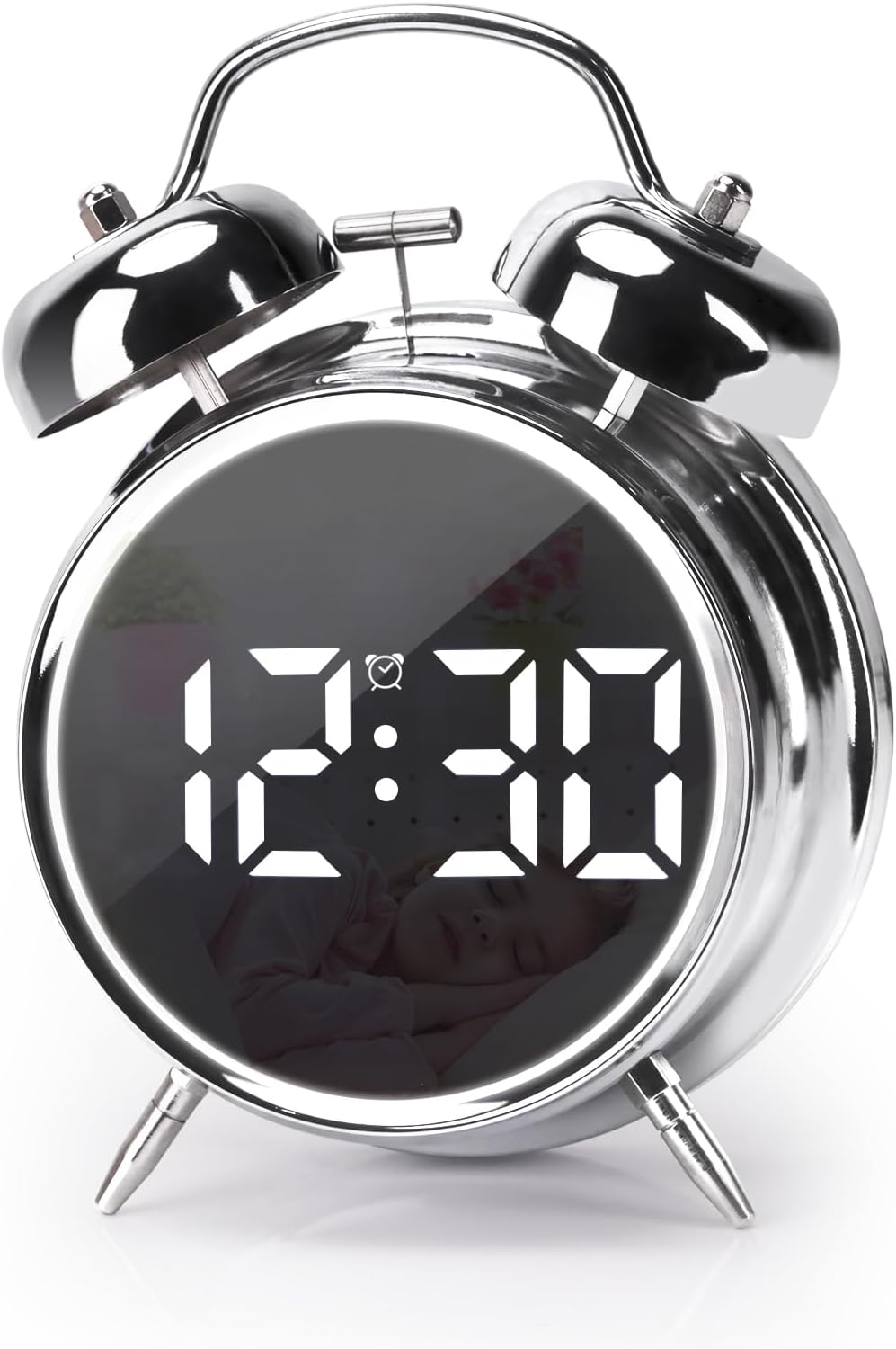 Digital Small Alarm Clock, 4.5 Inch Double Bell Electronic LED Alarm Clock, Plug in or Battery Operated Silent Metal Table Clock, Modern Loud Bedside Clock for Heavy Sleepers Adults Kids (Black)